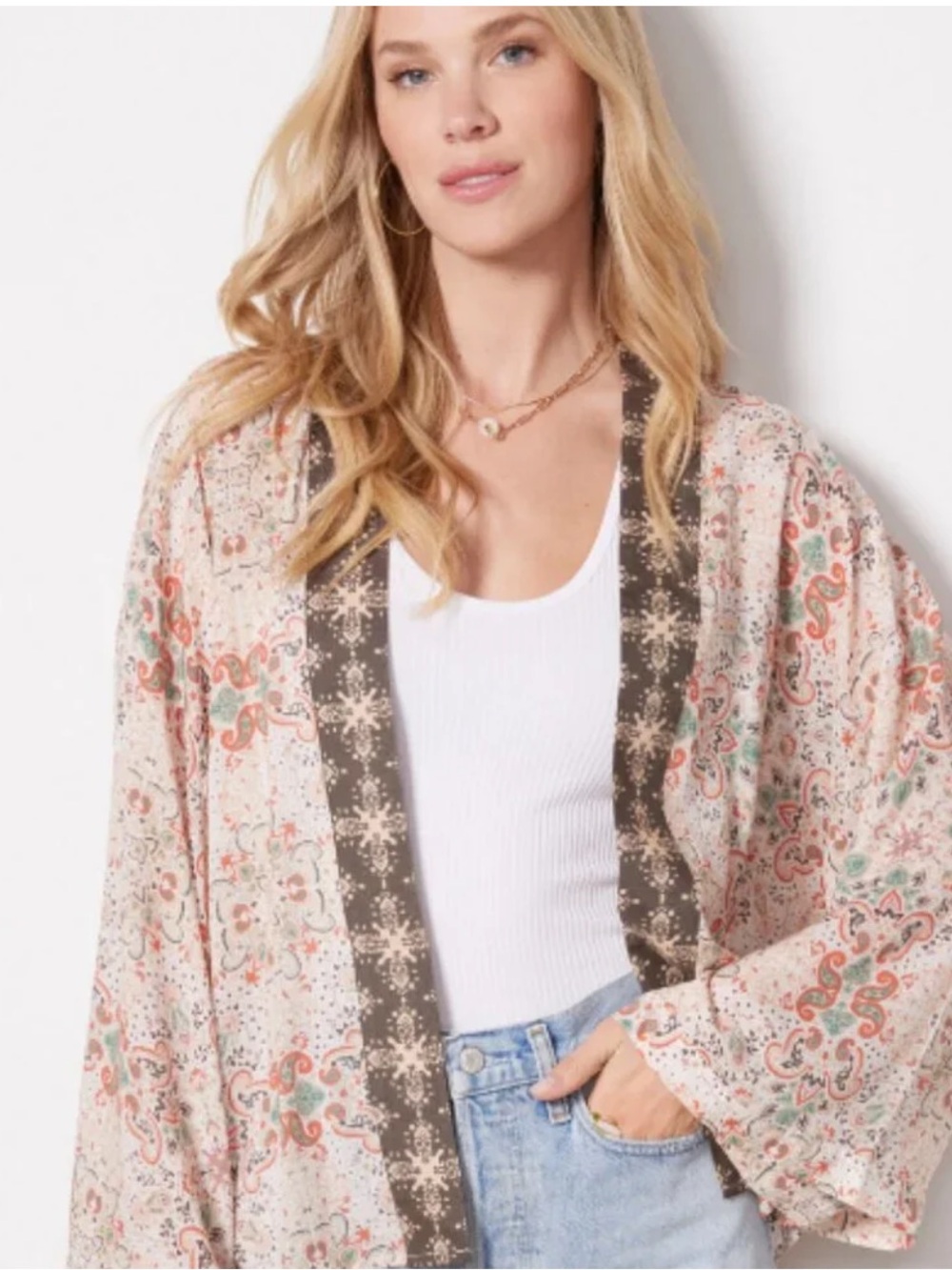 Michael Stars Evereve Cream Floral Paisley Open-Front Cardigan with Brown Trim